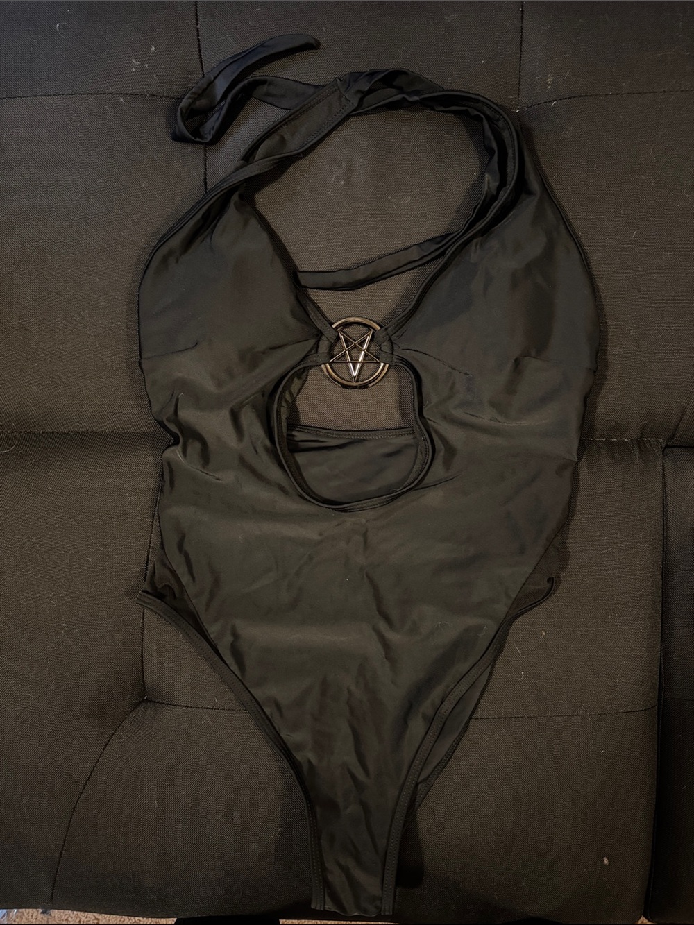 ROMWE Black Halter One-Piece Swimsuit with Metal Pentagram Accent